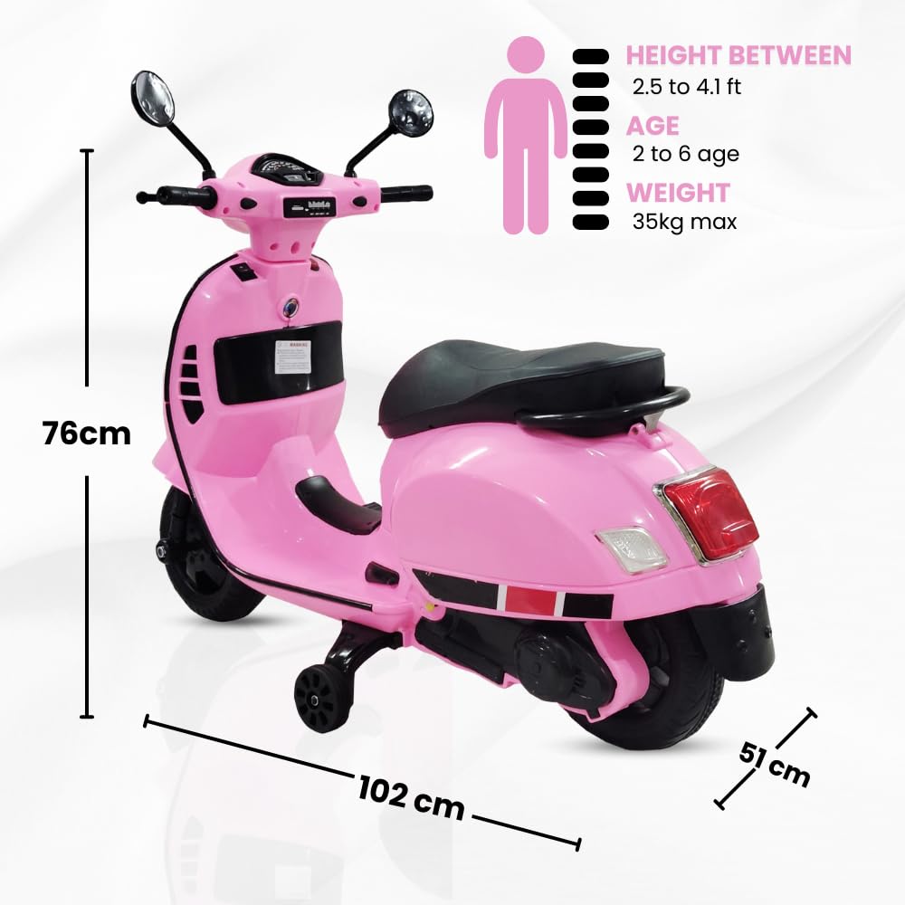 Authentic licensed pink Vespa ride-on scooter for children, 12-volt battery powered with realistic design and training wheels WWW.USMILE.TOYS